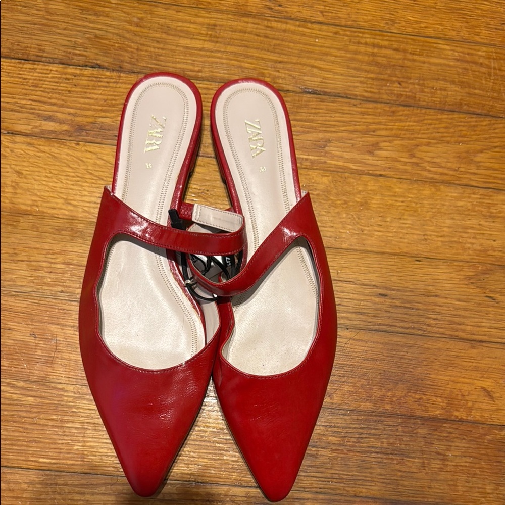 Zara Red Pointed-Toe Mules with Decorative Buckle